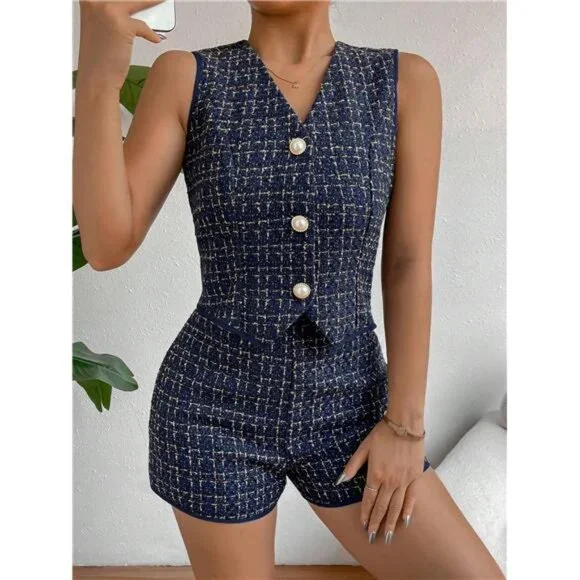 Plaid Print Button Front Vest Blazer & Shorts